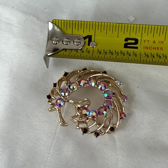 Vintage Gold Swirl Brooch AB Rhinestones Round Aurora Borealis Pin 1.75" - Picture 8 of 8